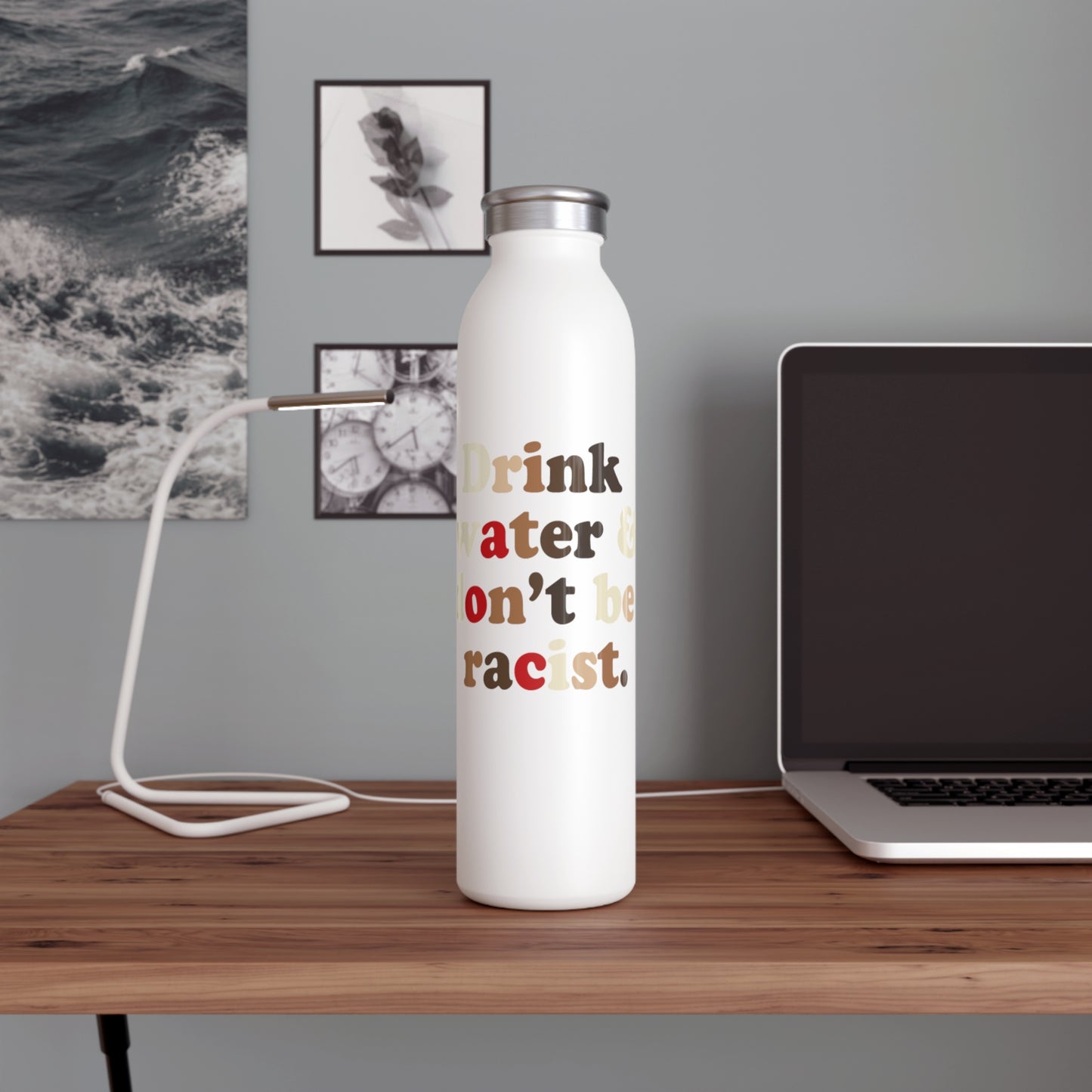 AOC Drink Water and Don't Be Racist Slim Water Bottle